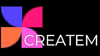 CREATEM logo with colorful geometric shapes in blue, red, orange, and pink on black background