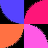 Abstract geometric design with four vibrant colored quarters: blue, hot pink, orange, and magenta on black background