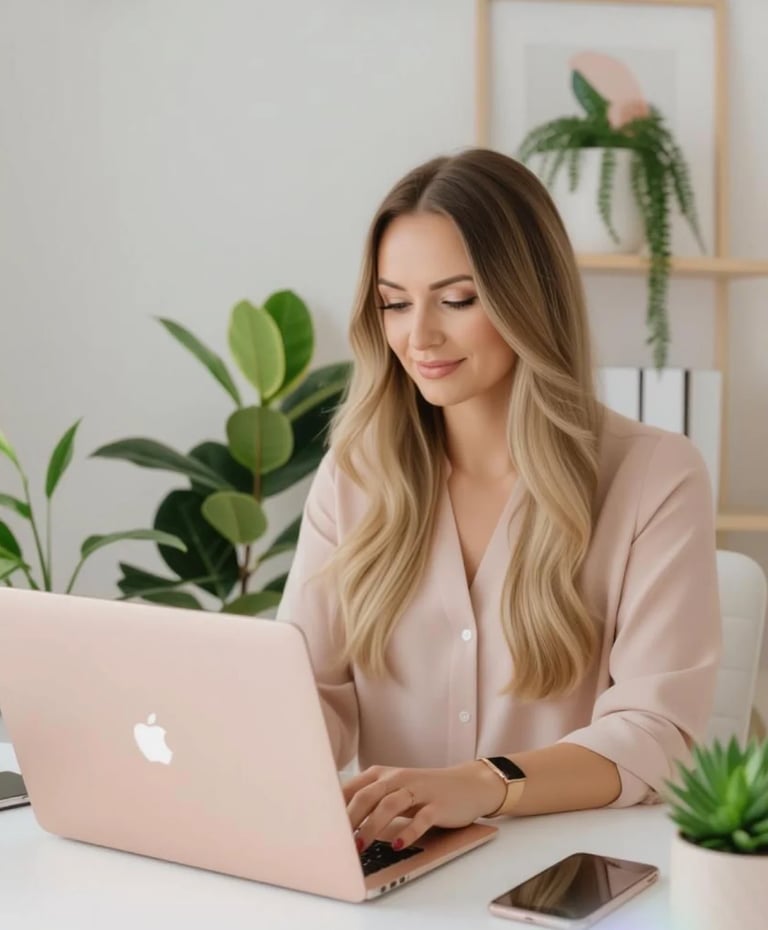 Woman with long blonde hair working on a laptop at a desk surrounded by green plants in a bright office space