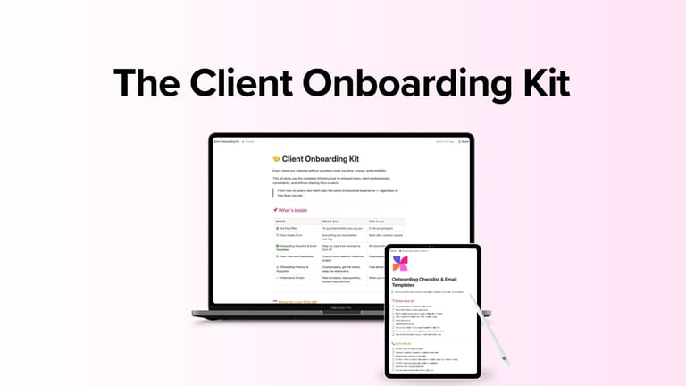 The Client Onboarding Kit displayed on a laptop and mobile device against a pink background