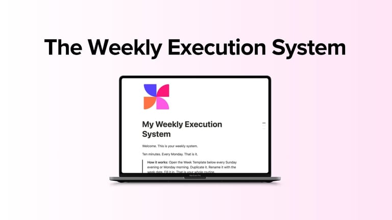 Laptop displaying The Weekly Execution System interface with colorful geometric logo and productivity framework details