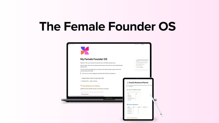 The Female Founder OS displayed on laptop and mobile devices showing colorful branding and interface layout